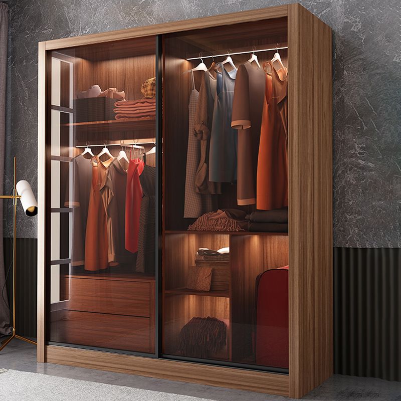 Mirrored Finish Cabinet with Glass Door Modern Brown Wardrobe for Home