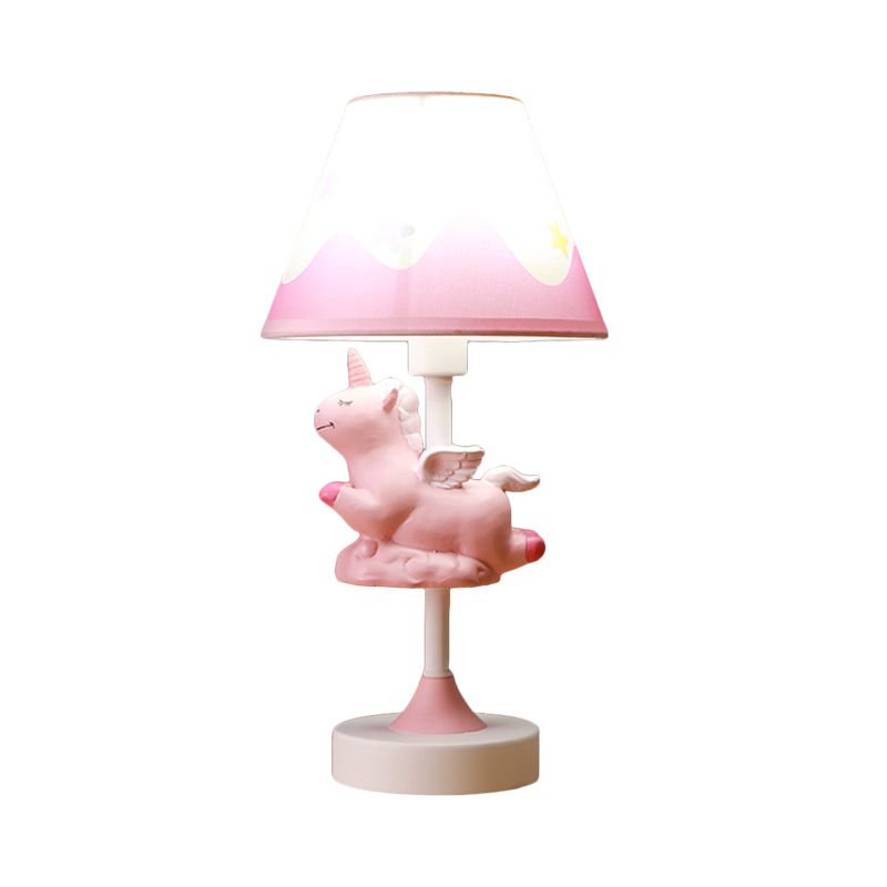 Unicorn Schlafzimmer Nachtlichtharz 1 Licht Cartoon Nachttischlampe in Rosa/Gelb/Blau mit Kegelstoffschatten