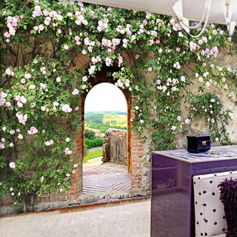 Full Castle and Pavement Mural in Green and Grey Non-Woven Wall Covering for Home Decor, Made to Measure