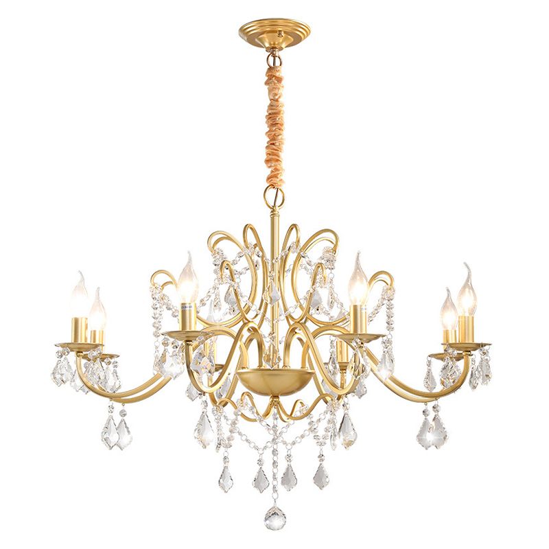 Clear Crystal Pendant Lamp with Candle Lamp Holder Vintage Country Style Chandelier Lighting in Gold