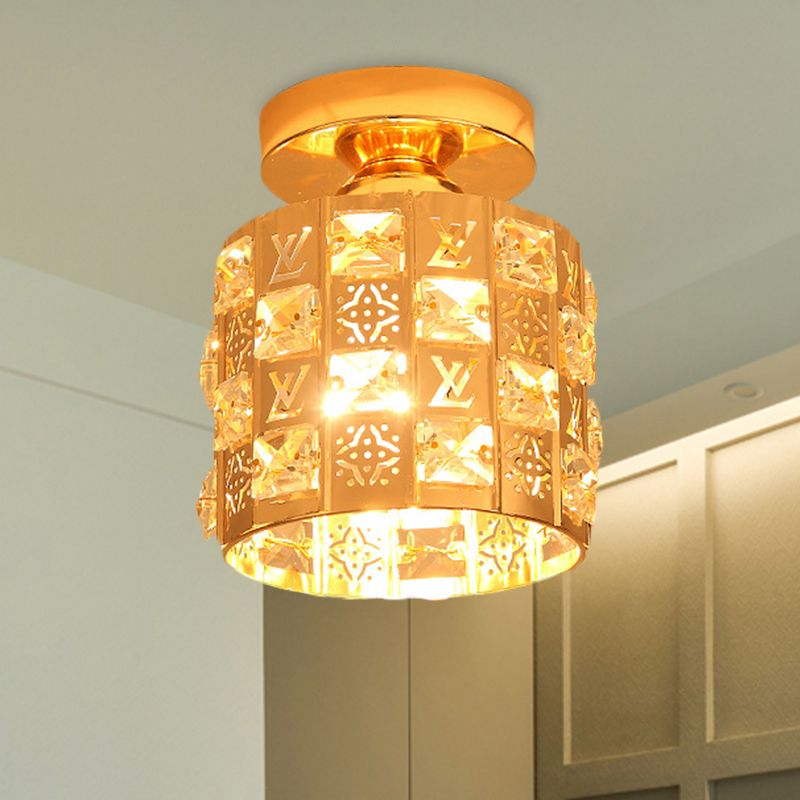 Zeitgenössische Säule Deckenlampe 1-Licht Hand Cut Crystal Flush Mount Spotlight in Gold
