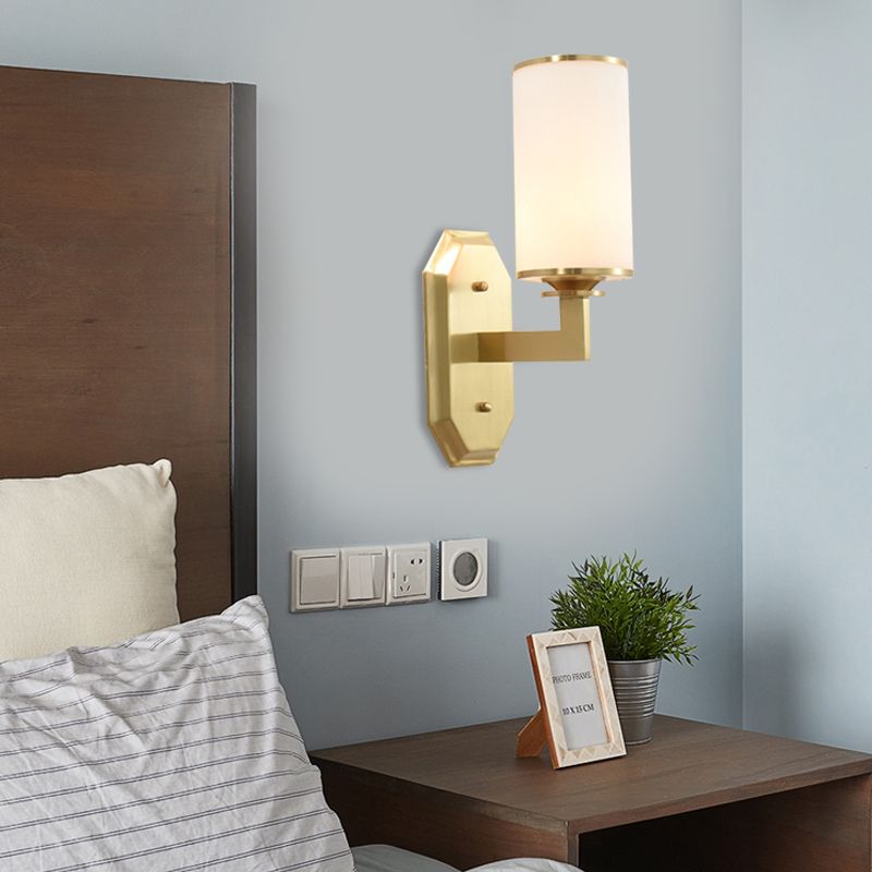 1/2-Head Wall Mounted Lighting Modern Stylish Cylindrical Shade Frosted White Opal Wall Lamp in Brass