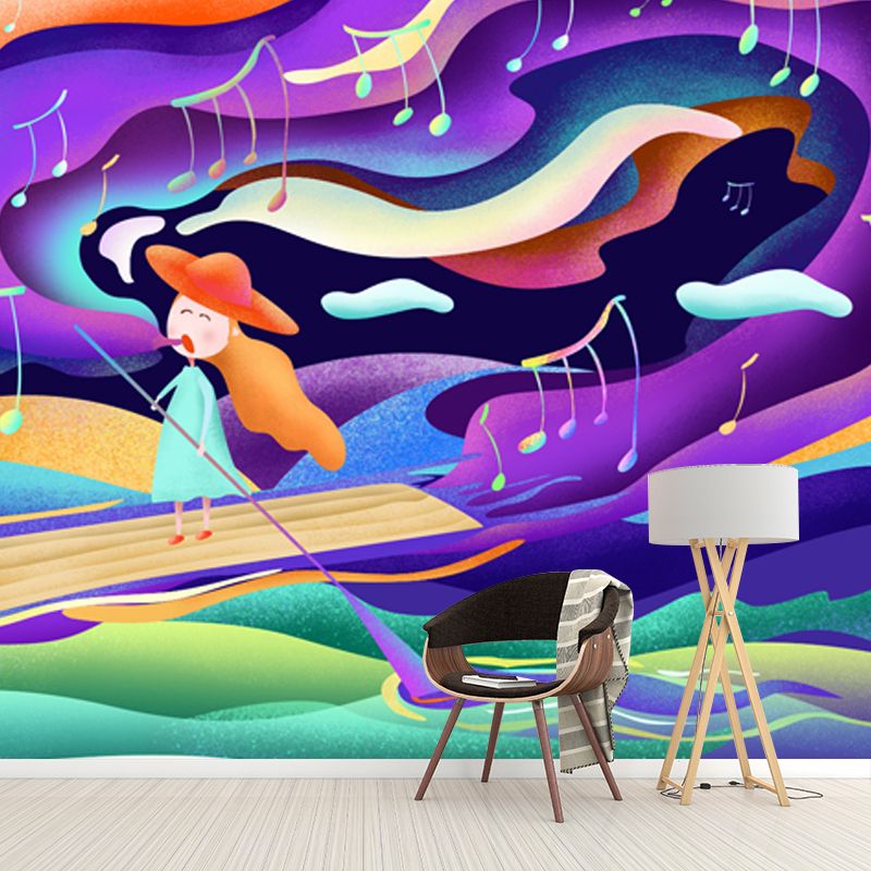 Purple Kids Wall Paper Mural Full Size Girl Singing in Boat at Night Wall Art for Bedroom