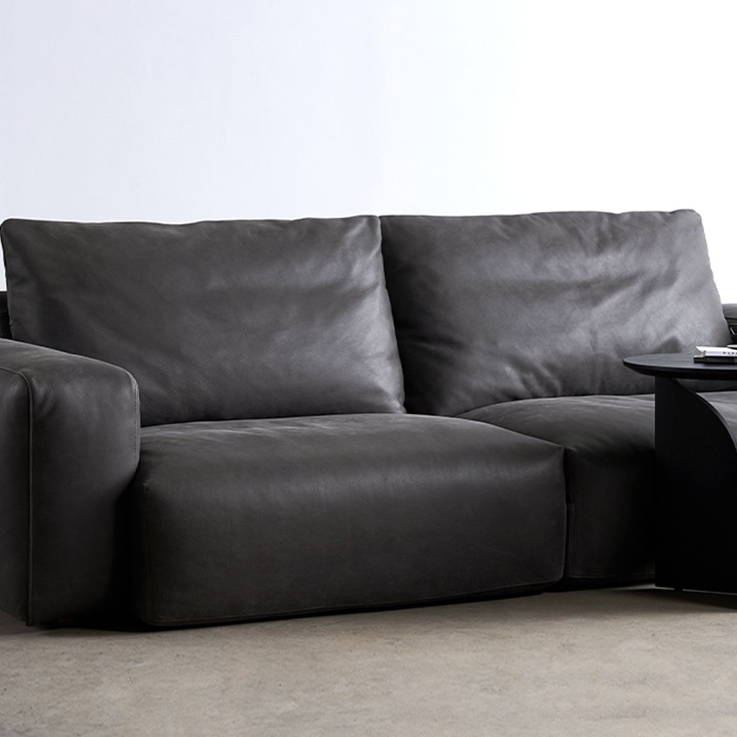 Mid Century Modern Sofa Leather Square Arm Sofa in Deep Grey