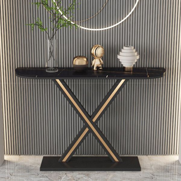 Half Moon Stone Top Accent Table with Black Iron Pedestal Base