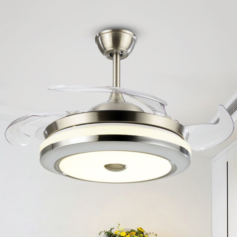 Circular Semi Flush Light Fixture Simple 19" Wide LED Bedroom Ceiling Fan Lamp Fixture in Silver, 4 Blades