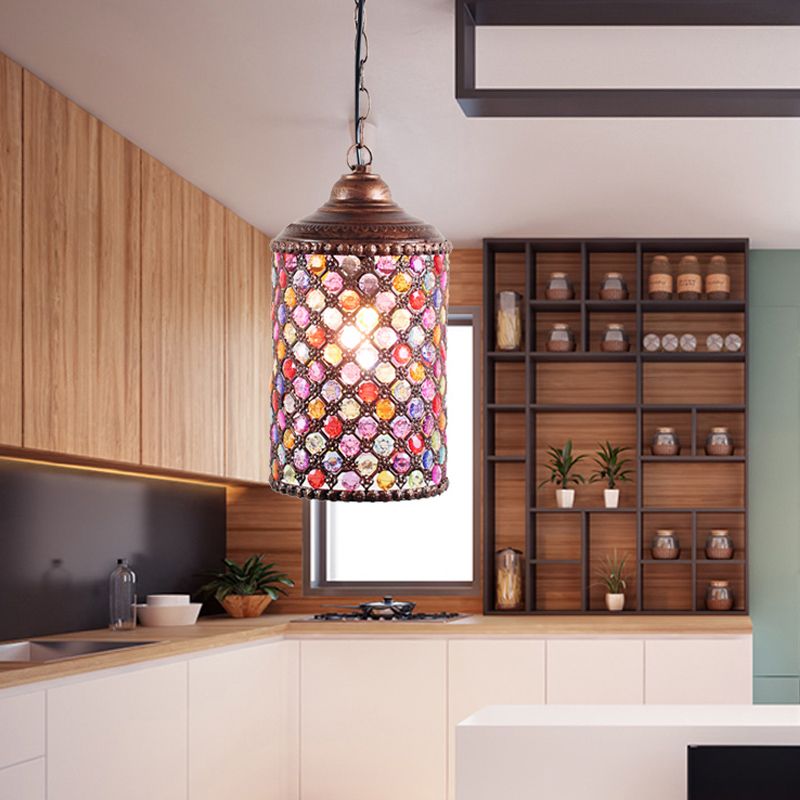 Antique Cylinder Ceiling Pendant Light 1 Bulb Metal Hanging Lamp in Rust for Restaurant