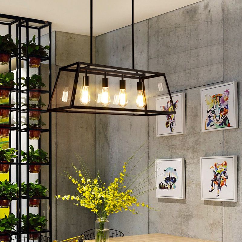 Industrial Metal Island Light Black 4 Lights Island Pendant with Glass for Dining Room
