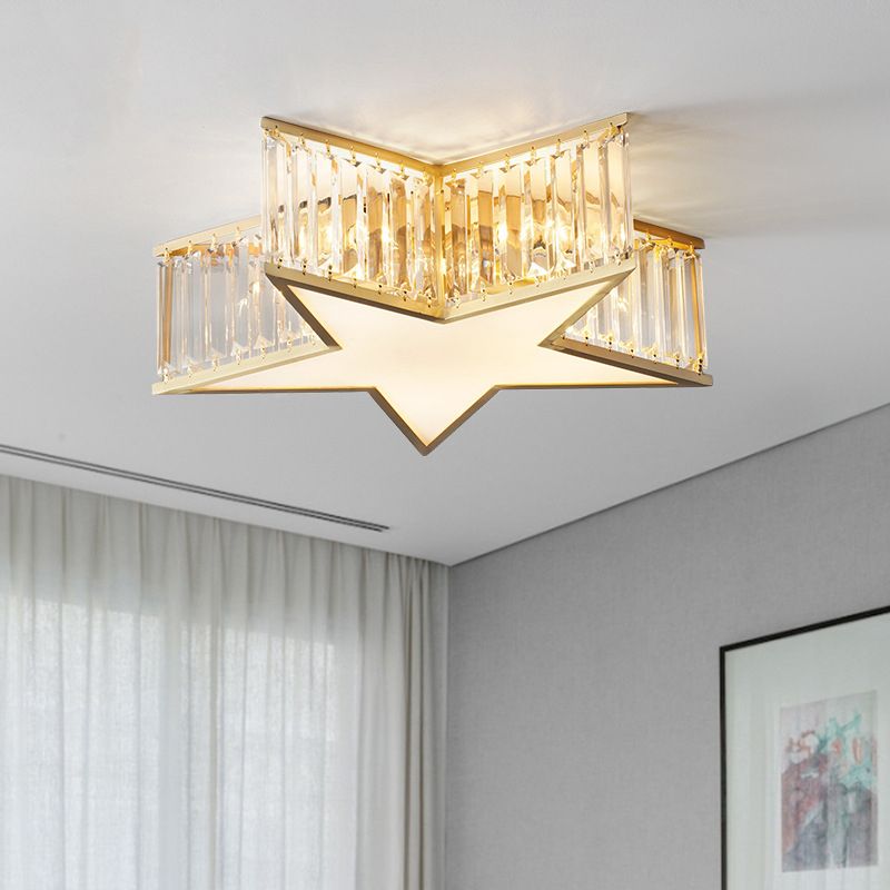 Plafonnier en forme d'étoile dorée, plafonnier à 5 lumières en cuivre de style créatif colonial avec abat-jour en cristal