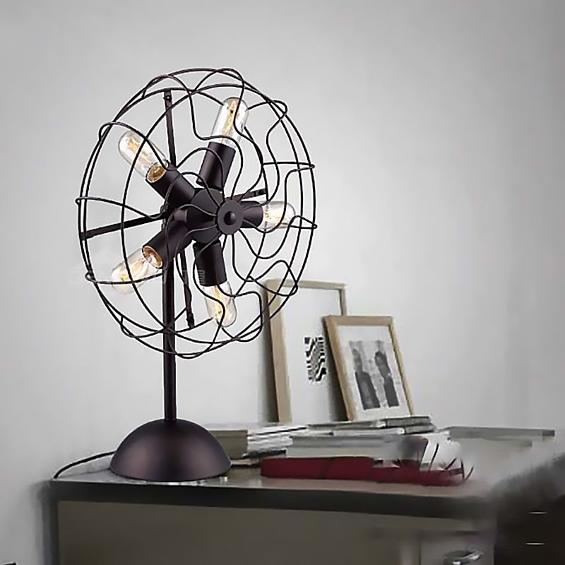 5 Bulbs Fan Design Table Lamp with Cage Shade Farmhouse Style Black Finish Metallic Table Light for Bedroom