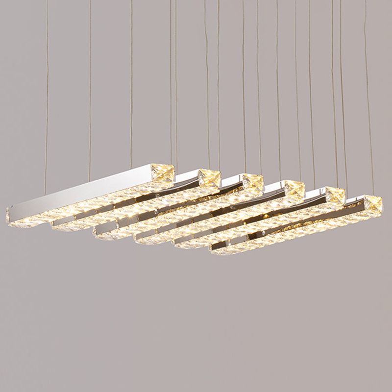 Rectangular Chandelier Pendant Light Minimalist Crystal Dining Room LED Hanging Light in Stainless-Steel