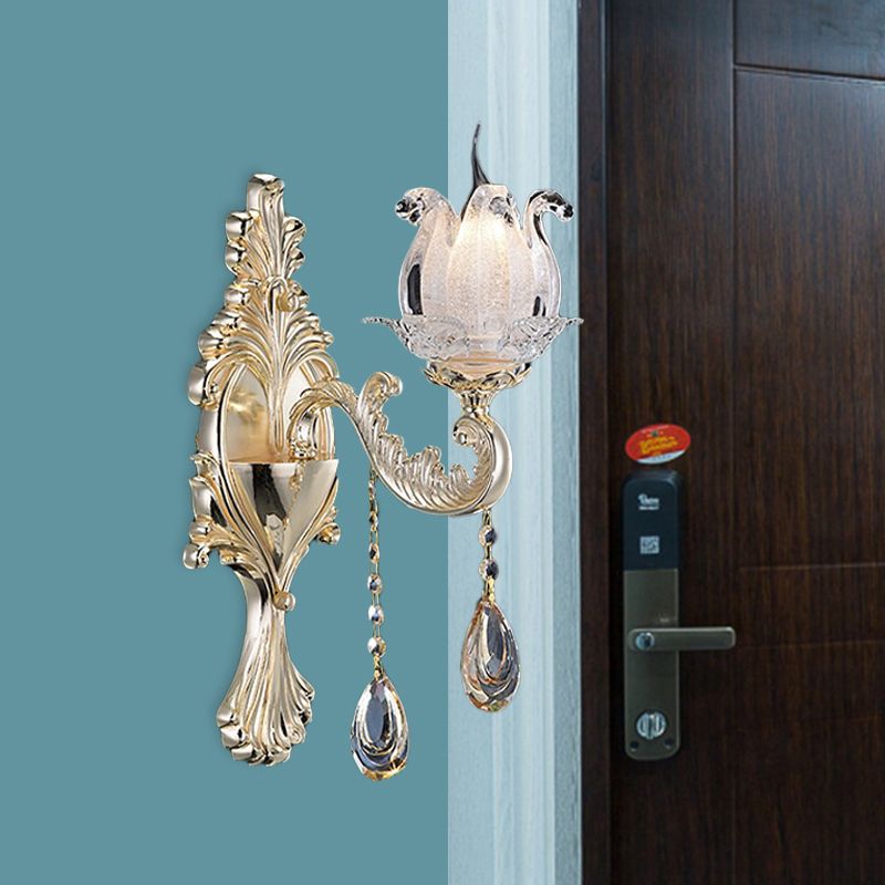 1/2-Light Frosted Glass Sconce Traditional Gold Semi-Open Flower Living Room Wall Mounted Light
