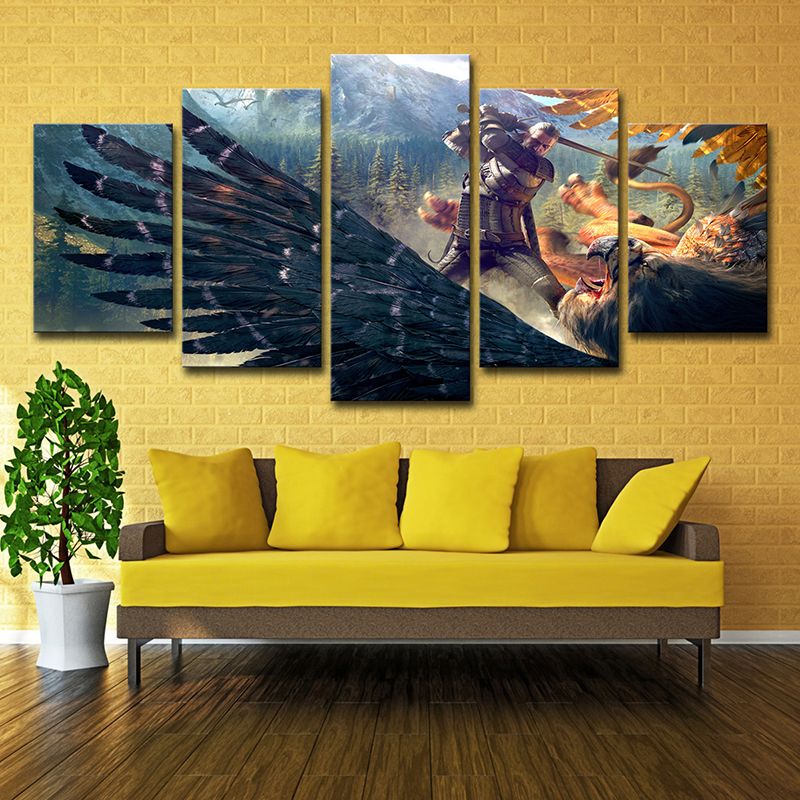 Dark Blue Kids Wall Art Digital Print Witcher Fight Against Eagle Game Scene Canvas for Room