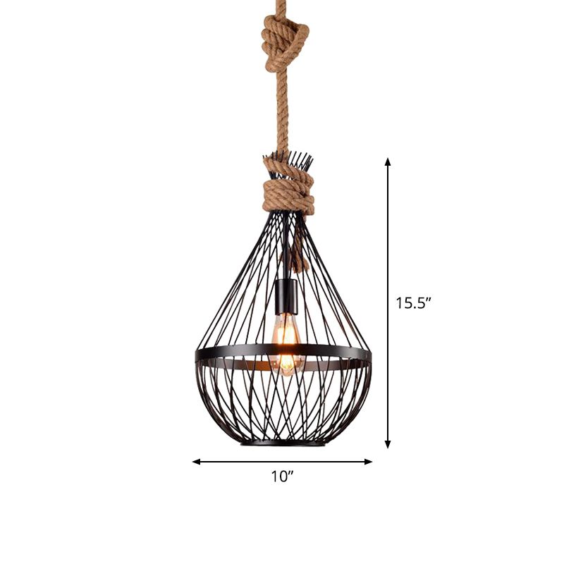Pear-Shaped Iron Suspension Lighting Retro 1 Head Restaurant Pendant Ceiling Light with Hemp Rope in Black