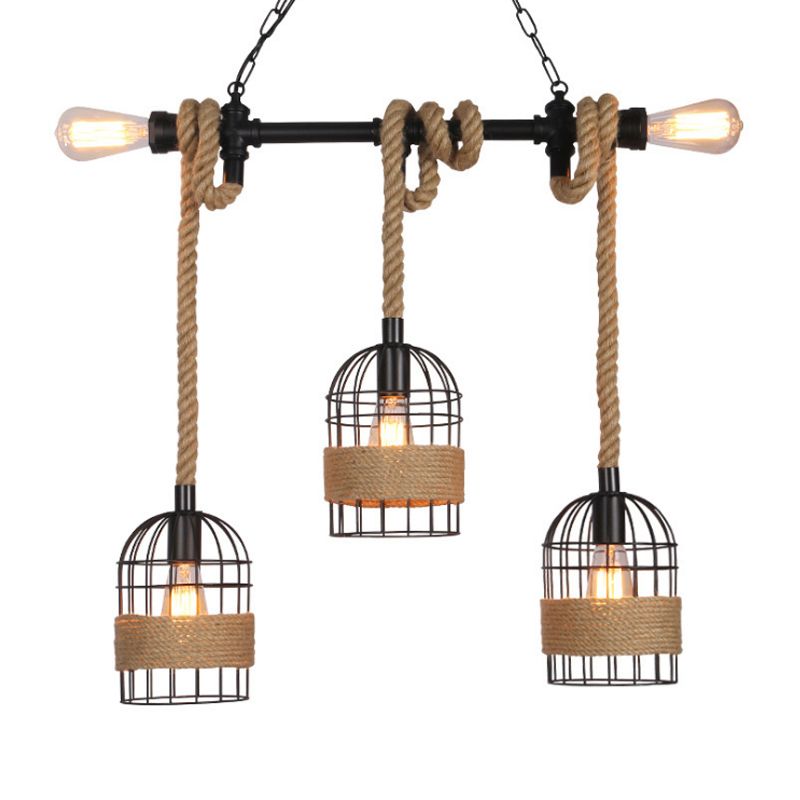 Black 5 Bulbs Island Lighting Factory Metal Birdcage Appeding Candant Light with Jute Rope