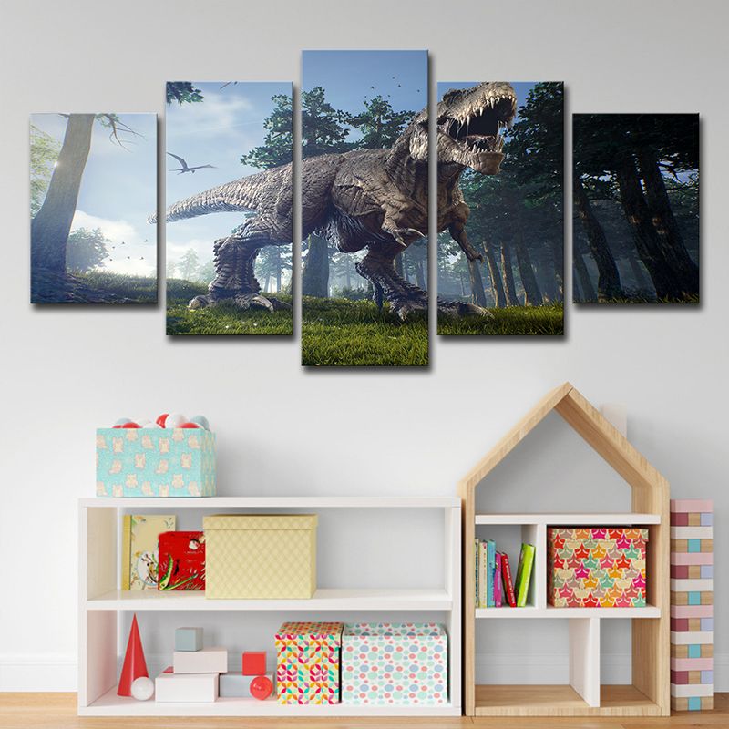 Sci-Fi Jurassic Dinosaur Wall Art House Interior Canvas Print in Blue-Green