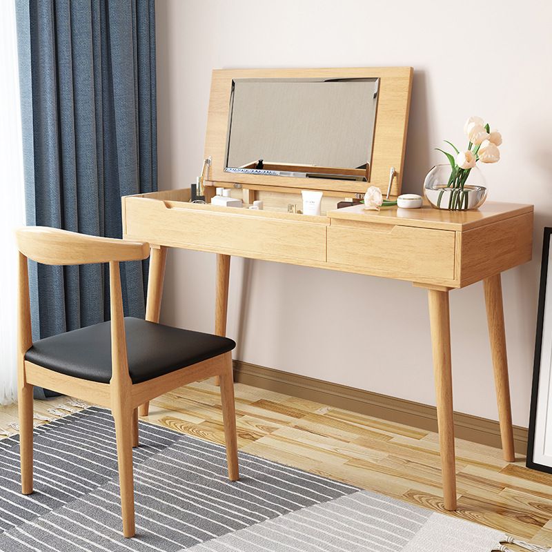 Rubberwood Dressing Table Set with Stool 1-Drawer Wood Vanity Table