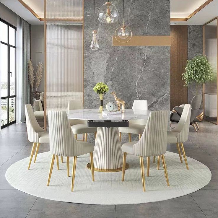 Scandinavian Round Dining Table Furniture 1/4/5/6/7 Pieces Leather Dining Room Chair Set