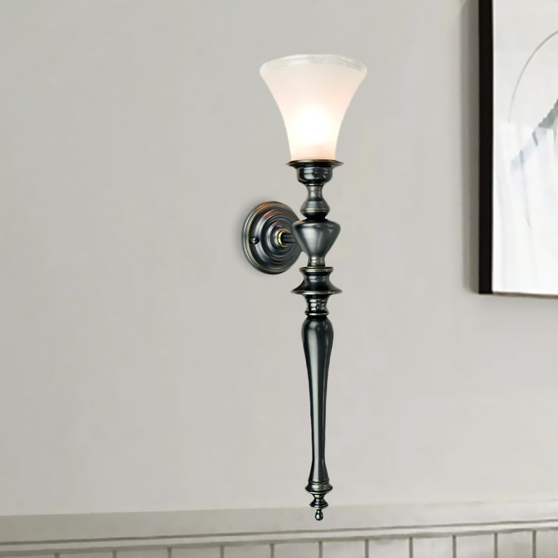 1 Bulb Sconce Light Fixture with Tapered Milky Glass Vintage Wall Mount Lamp in Black
