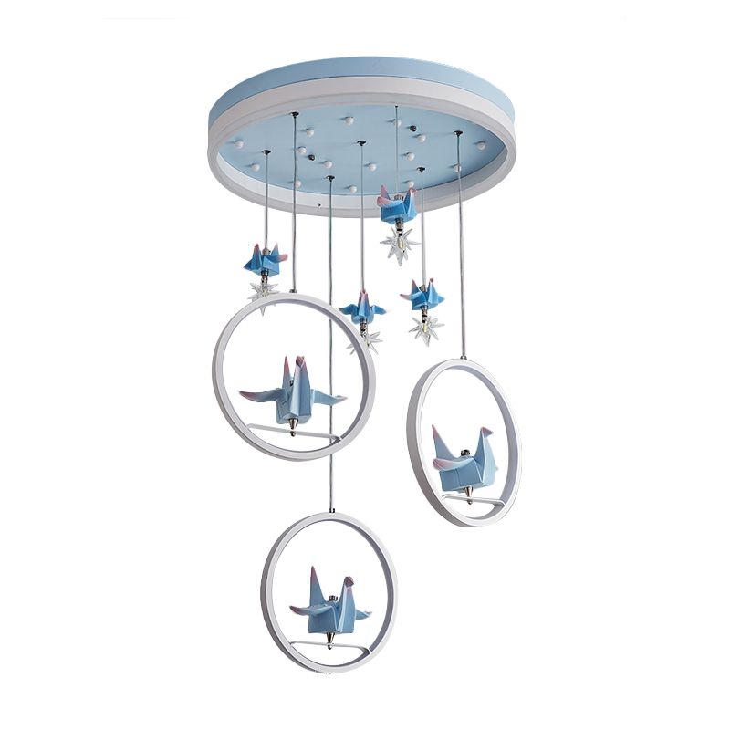 Metallic Circular Hanging Chandelier Kids LED Pendant Light in Blue with Paper Cranes Decor