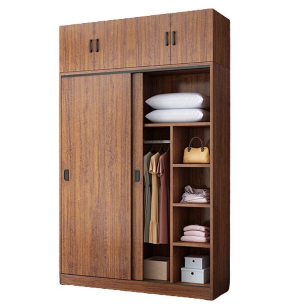 Manufactured Wood Kid's Wardrobe Walnut Color Kids Closet with Sliding Barn Door