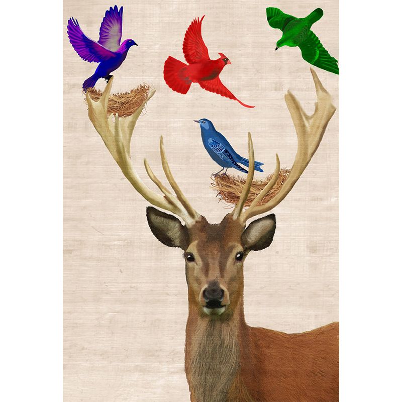 Custom Illustration Nordic Mural Decal with Bird and Deer Pattern in Brown, Waterproof