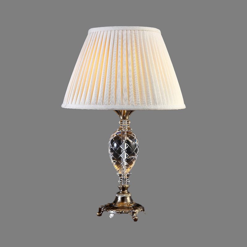 Cream Gray Pleated Table Light Modern 1 Bulb Fabric Desk Lamp, Bronze Carved Metal Base