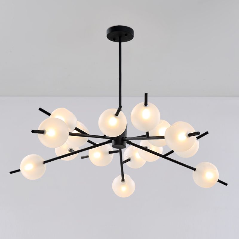 Modern Branched Ceiling Pendant Lamp Metal 15 Bulbs Parlor Chandelier Light in Black/Gold with Orb Frosted Glass Shade Insert