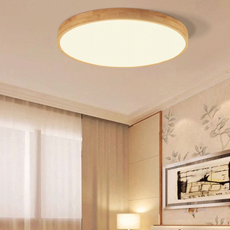 Round Shape Wood Flush Ceiling Light Modern 1 Light Flush Mount Light Fixture in Brown