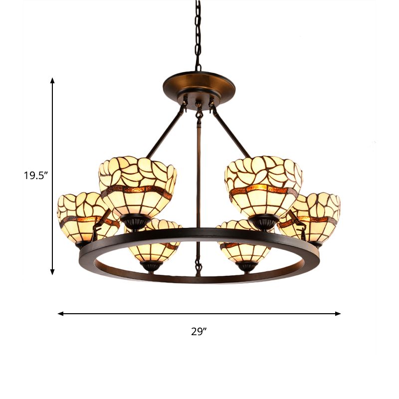Beige Glass Bowl Chandelier with Adjustable Chain 6 Lights Rustic Hanging Ceiling Light in Beige