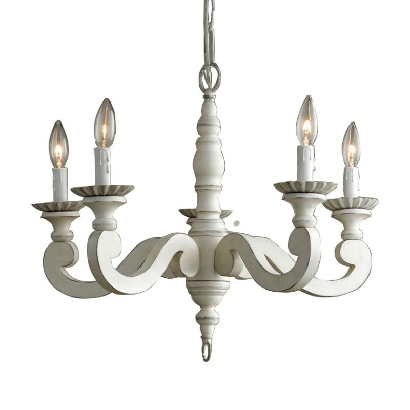 Ceiling Chandelier French Country Candle Wooden Pendant Lighting in White