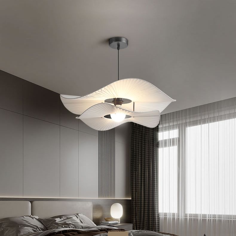 White Ruffled Suspension Lamp Minimalism 1 Bulb Fabric Pendant Light Fixture for Bedroom