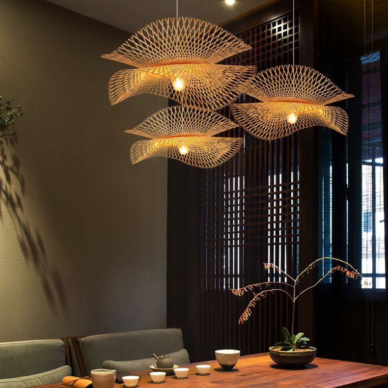 Shaded Pendant Lighting Fixture Asia-Style Bamboo Beige Suspension Pendant Light