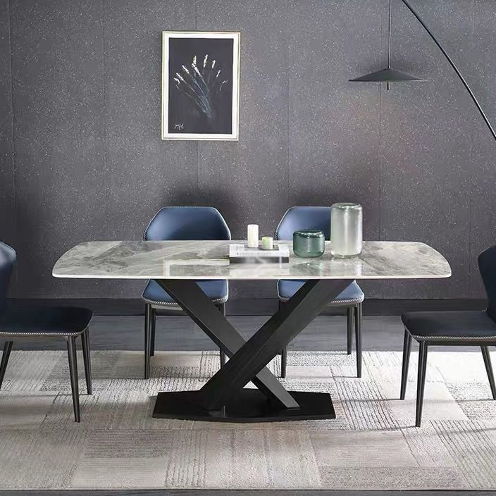 Mesa de comedor de lujo tradicional rectángulo Mesa de piedra sinterizada gris con base de pedestal de metal negro