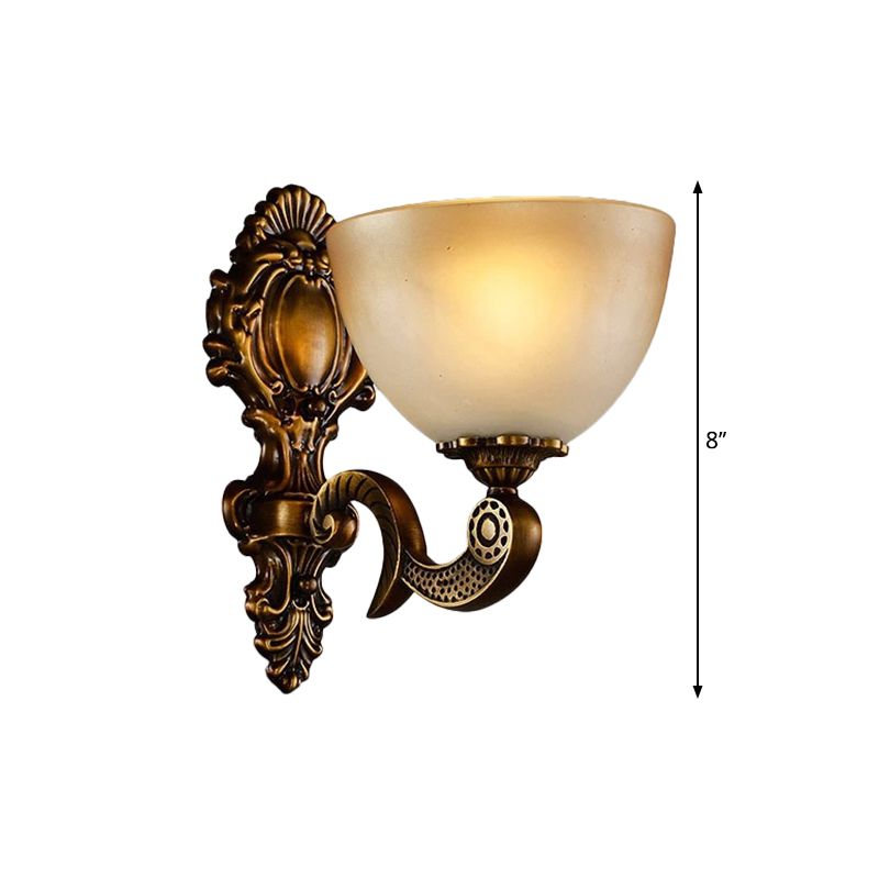 Frosted Glass Bowl Wall Sconce Light Rural 1 Light Bedroom Wall Lighting in Brass with Carved Backplate