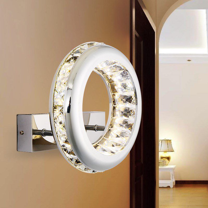 Minimalist LED Sconce Light Fixture Nickle Circle Wall Mount Lighting with Stainless Steel Shade in Warm/White Light