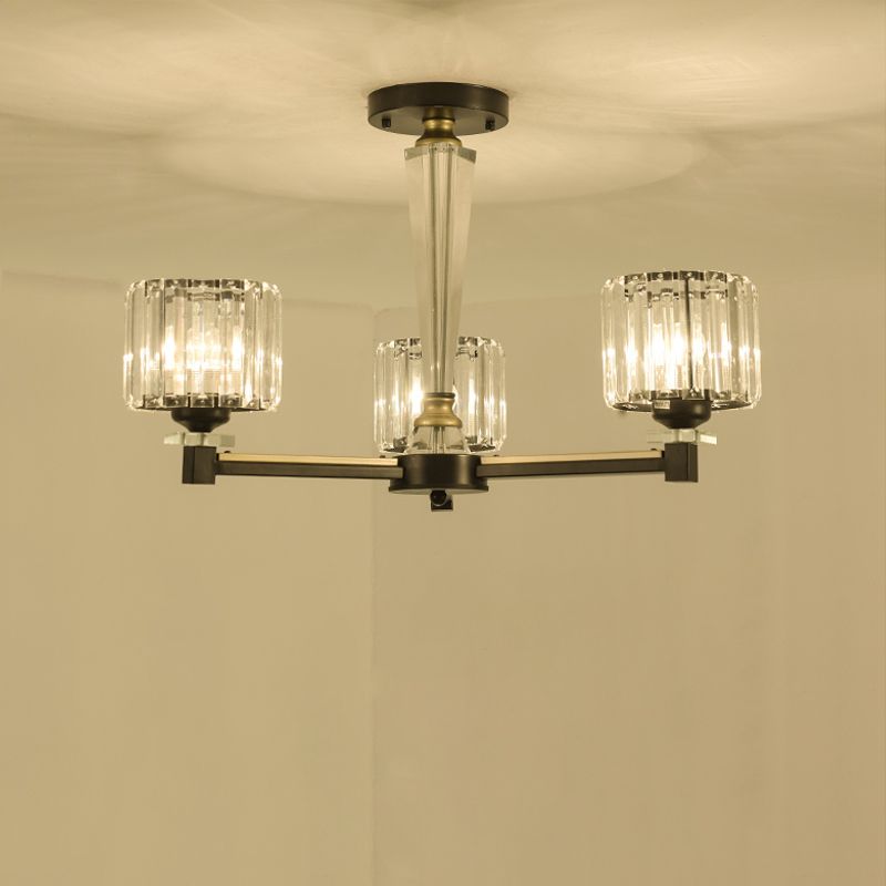 Iluminación de semi de montaje de cilindro moderno 3 Bombullas Bloque de cristal transparente Flexión de luz en negro