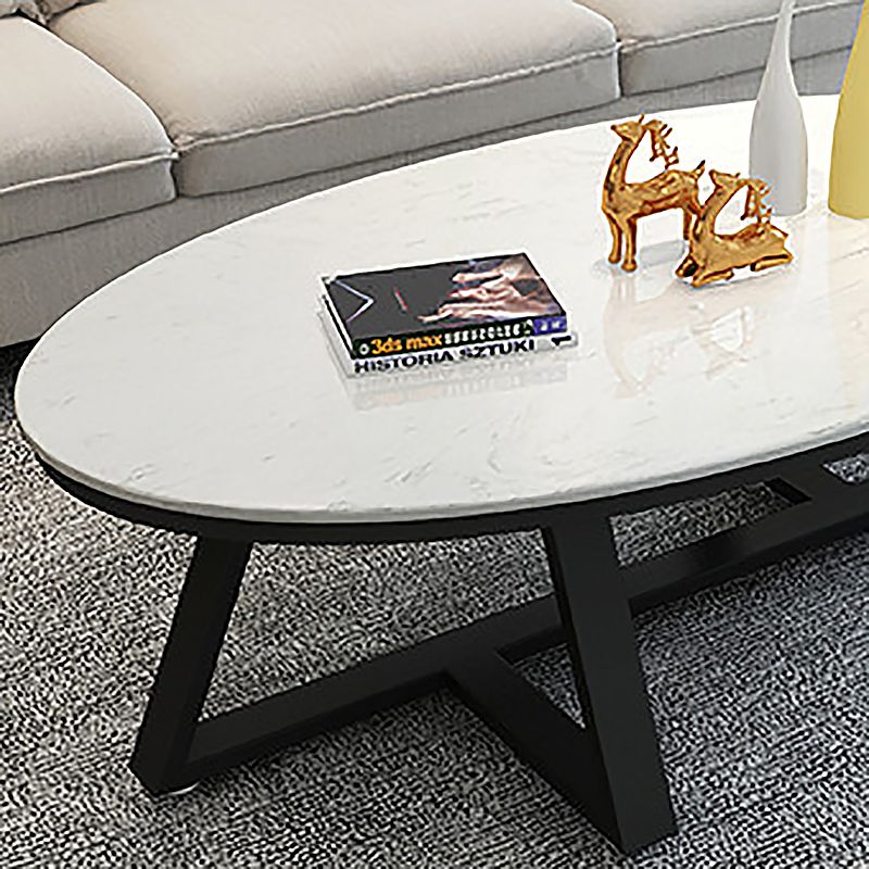 Cross Legs Coffee Table with Stone Oval Top and Iron Base Cocktail Table