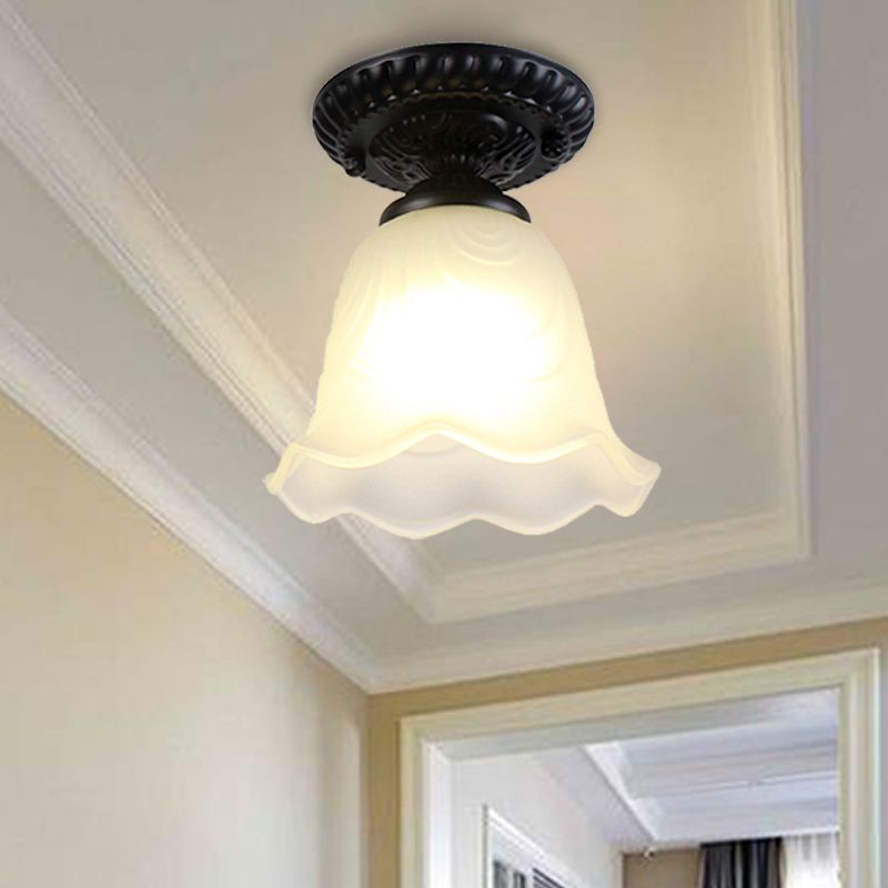 Flared Living Room Flush Mount Lamp Classical White Glass 1 Light Black Ceiling Lighting