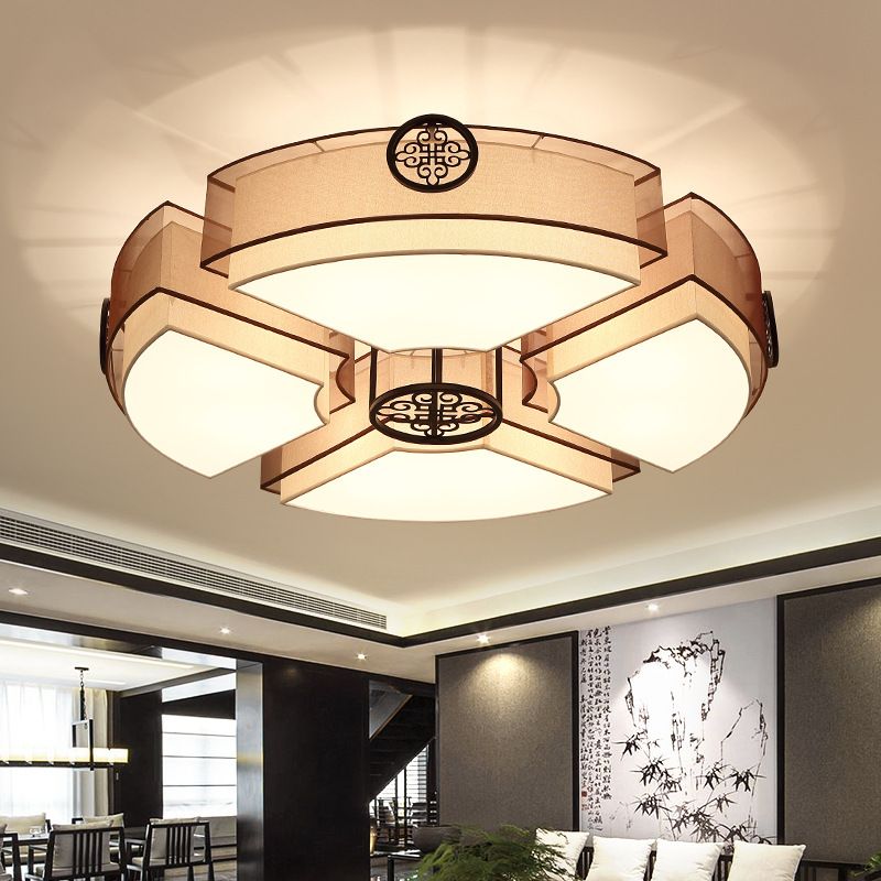 8 Feux Tambour Flushmount Lighting Classic Brass / Black Fabric Flush Mount Light for Living Room