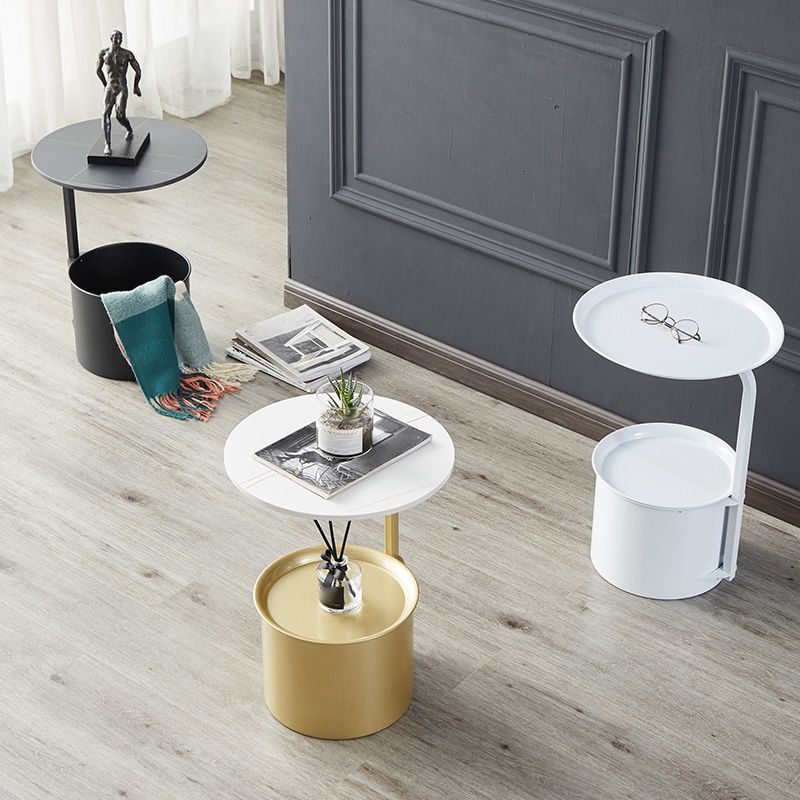Modern Round Slate/ Iron Top Side Table 22" Tall Abstract End Table with Storage