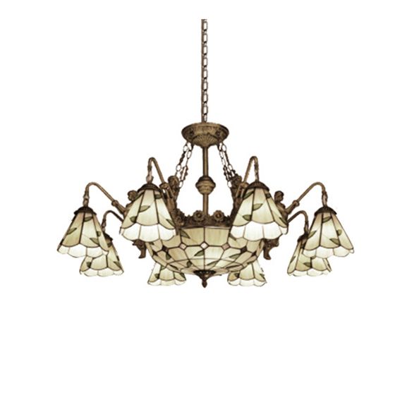 Buntglaskegel hängende Kronleuchter Tiffany 11 Lichter gelbes Anhänger Licht