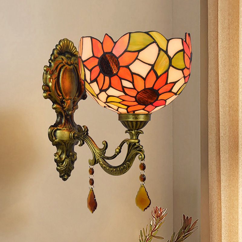 Sunflower Patterned Dome Sconce Lamp 1 Bulb Cut Glass Tiffany Wall Lighting Fixture with Brass Curved Arm