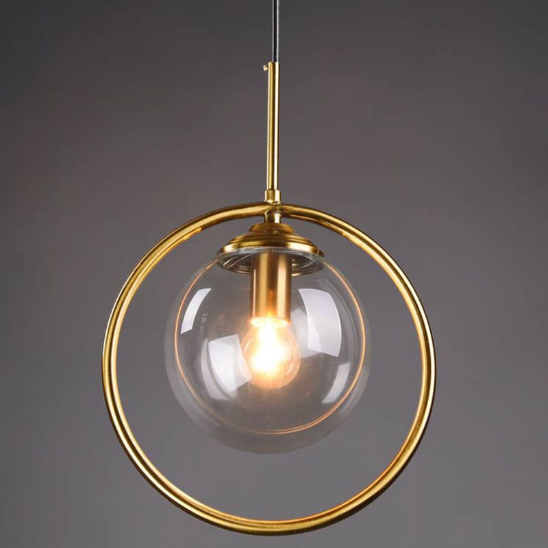 Mid-Century Design Globe Hanging Lamp Glass Shade with Metal Ring For Bedroom