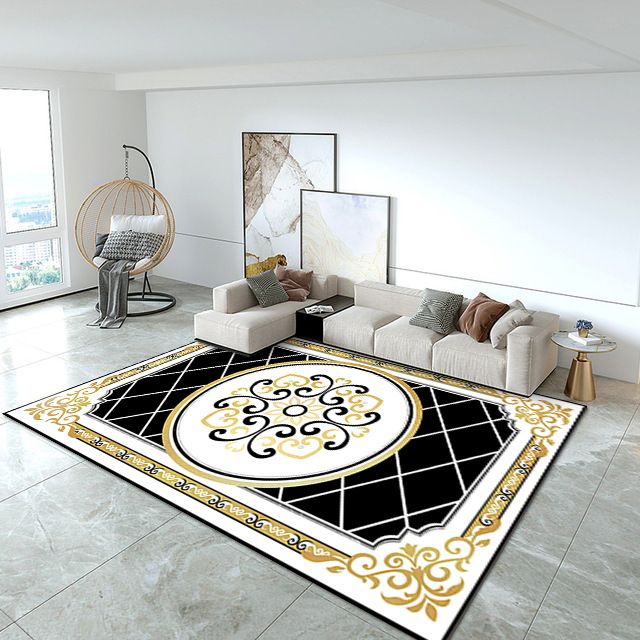 Blue European Carpet Medallion Print Polyester Area Rug Stain Resistant Rug for Home Decor