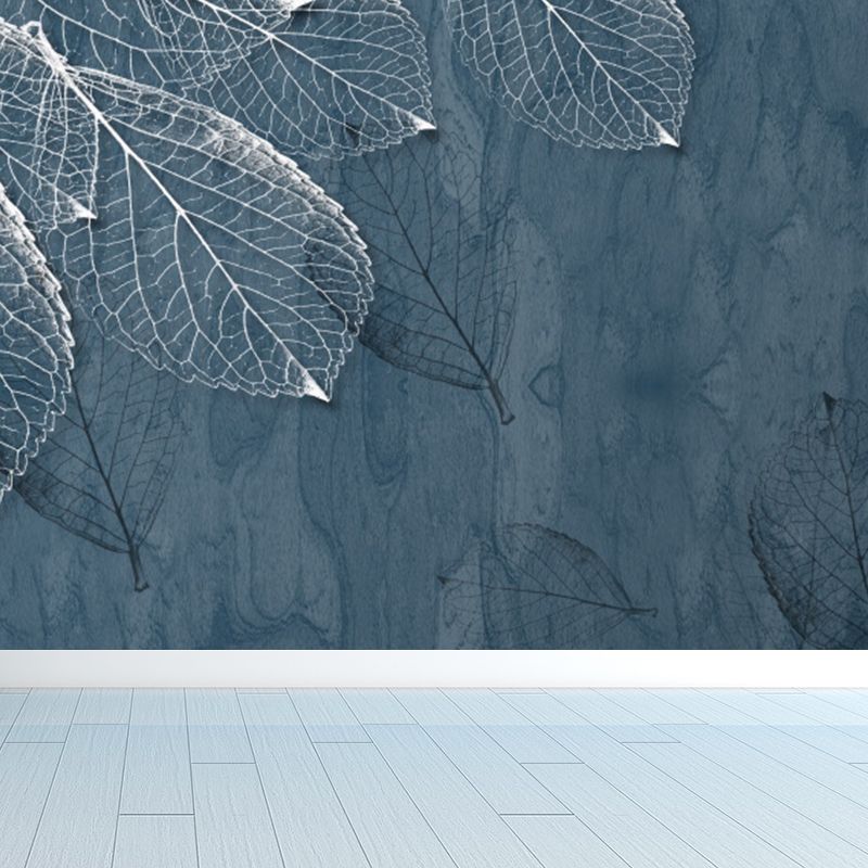 Large Leaves Pattern Mural Wallpaper Tropical Luxuriant Botanical Wall Decor in Grey Blue