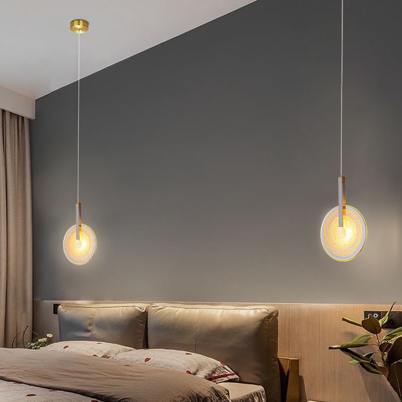 Messing schijf suspensie licht postmoderne getextureerde glazen led-droplamp met lederen band