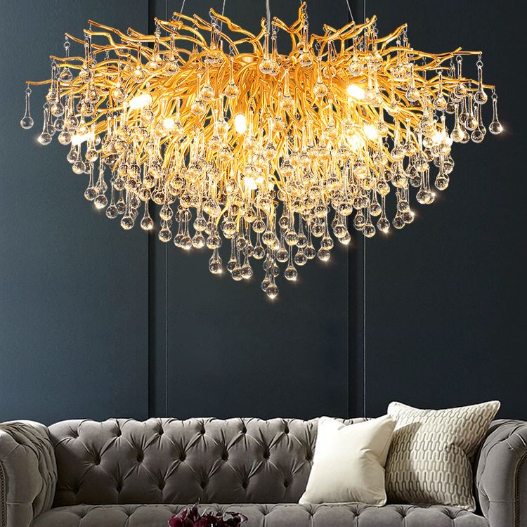 Gold Nest Chandelier Lighting Luxury Country Style Crystal Living Room Hanging Light