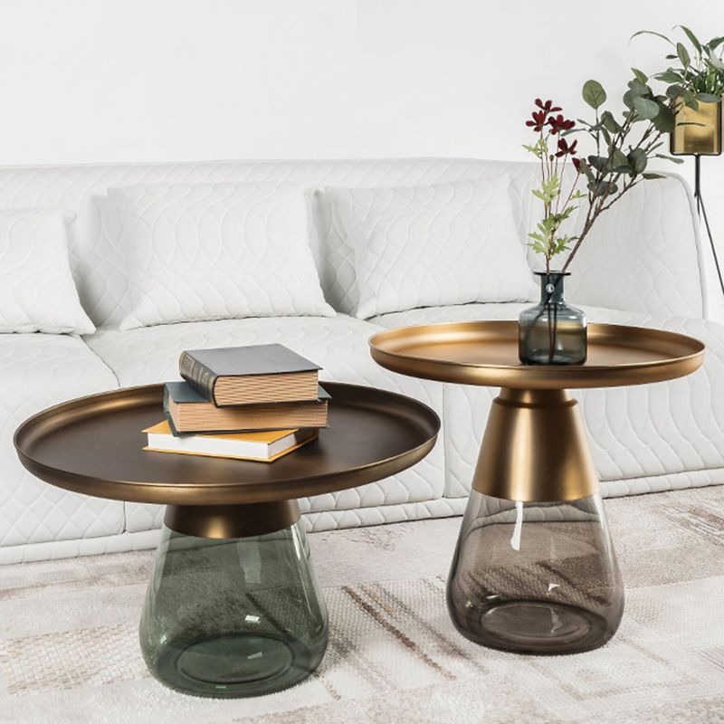 Mid-century Modern Style Round Metal Table with Glass Monopod Base Coffee Table