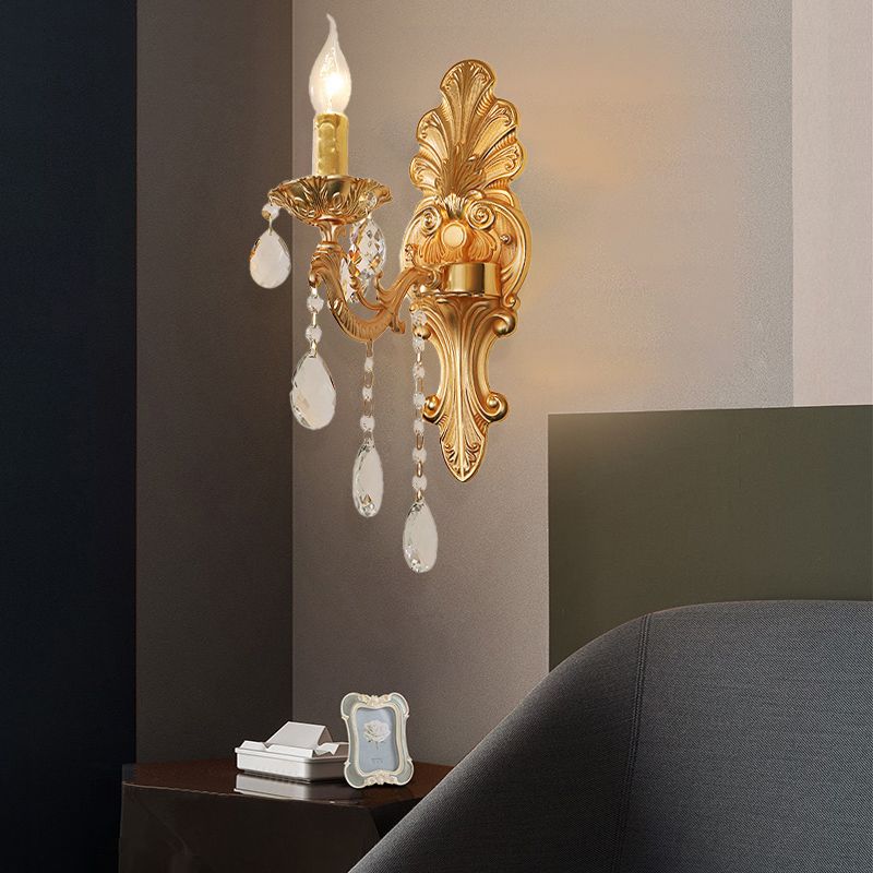 Candelabra Wall Light Fixture Postmodern Metal 1/2 Heads Living Room Sconce Light in Brass with Crystal Drip Accent